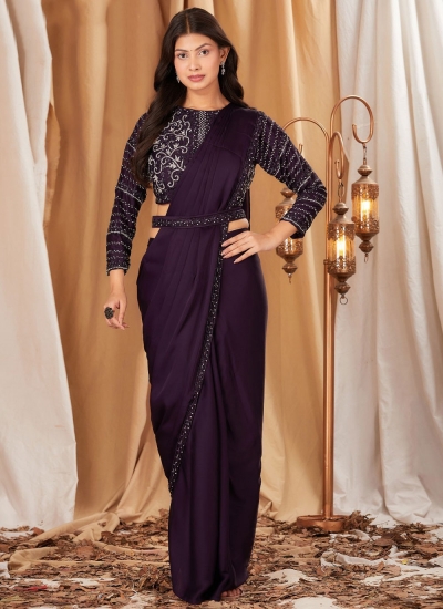 Wine chinnon embroidered ready to wear wedding saree with blouse 102091C
