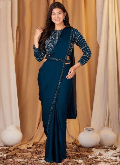 Teal blue chinnon embroidered ready to wear wedding saree with blouse 102091B