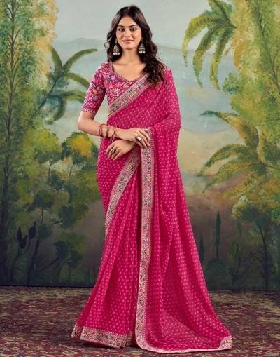 Rani pink georgette wedding saree with heavy embroidered blouse 1001