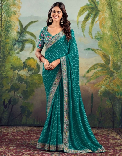 Teal green georgette wedding saree with heavy embroidered blouse 1003