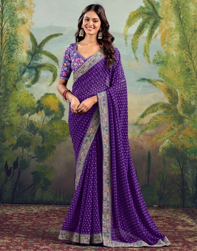 Purple georgette wedding saree with heavy embroidered blouse 1004