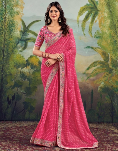 Pink georgette wedding saree with heavy embroidered blouse 1005