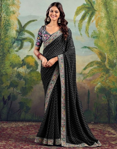 Black georgette wedding saree with heavy embroidered blouse 1006