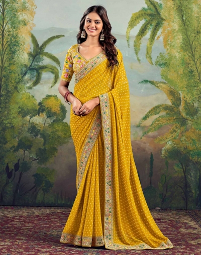 Yellow georgette wedding saree with heavy embroidered blouse 1008