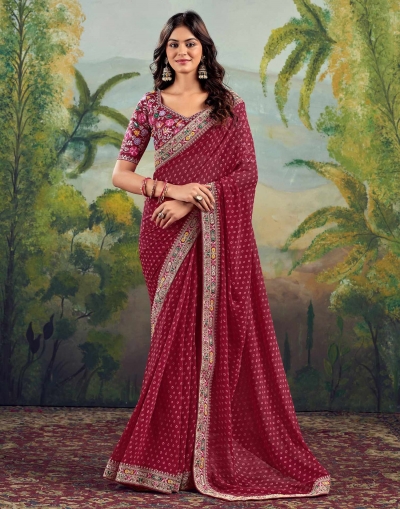 Maroon georgette wedding saree with heavy embroidered blouse 1009