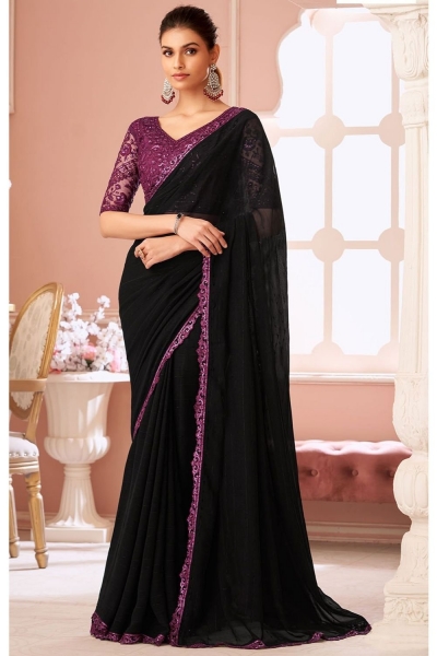 Black georgette wedding saree with heavy embroidered blouse 8003