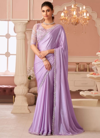 Lavender shimmer chiffon wedding saree with heavy embroidered blouse 8004