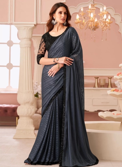 Grey georgette wedding saree with heavy embroidered blouse 8005