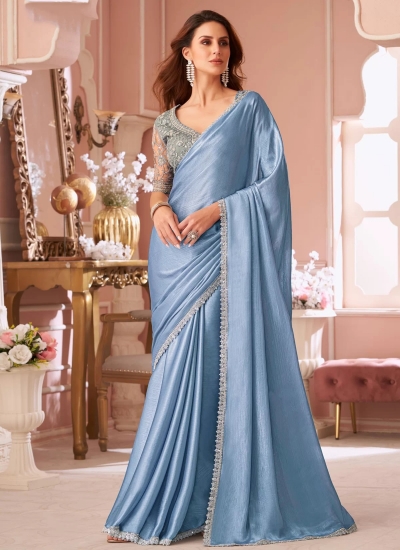 Blue shimmer chiffon wedding saree with heavy embroidered blouse 8007