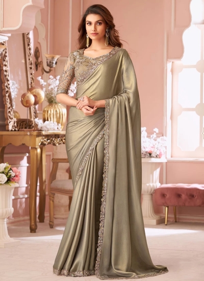 Gold chiffon shimmer wedding saree with heavy embroidered blouse 8008