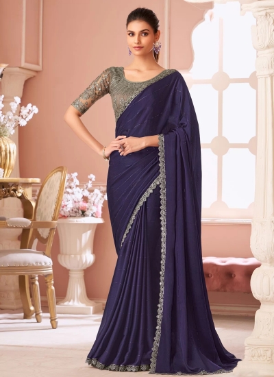 Purple satin wedding saree with heavy embroidered blouse 8010