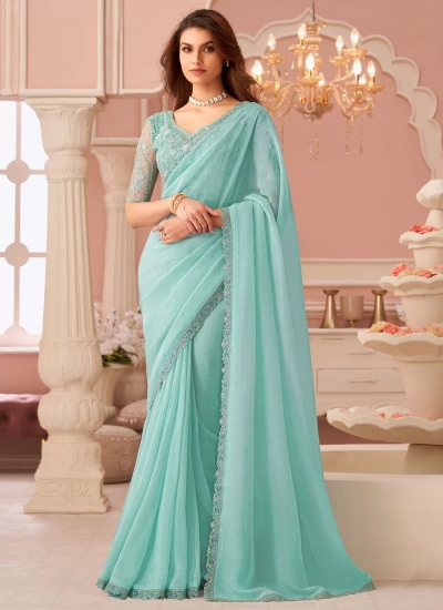 Turquoise georgette wedding saree with heavy embroidered blouse 8012