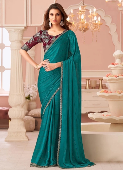 Teal green satin wedding saree with heavy embroidered blouse 8014