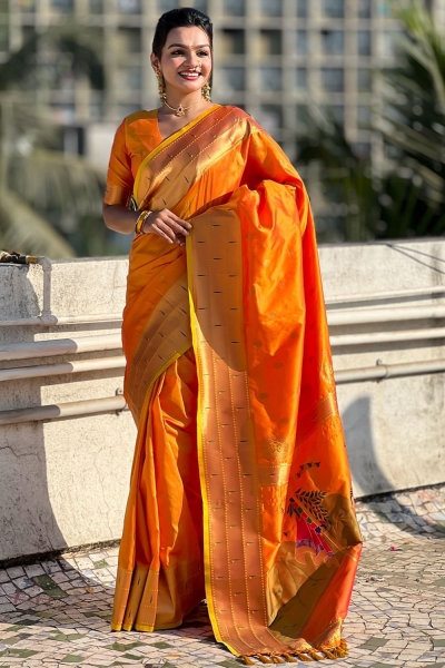 Golden Yellow woven paithani soft silk traditional wedding saree with blouse 002