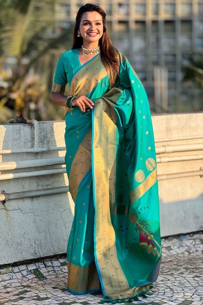 Aqua Blue woven paithani soft silk traditional wedding saree with blouse 004