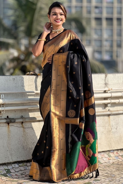 Black woven paithani soft silk traditional wedding saree with blouse 005