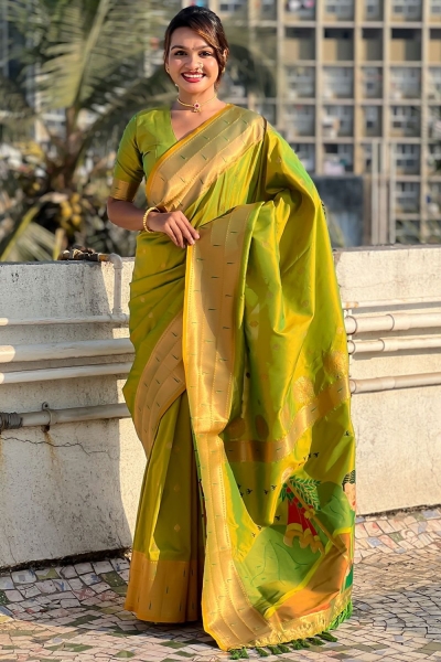 Parrot green woven paithani soft silk traditional wedding saree with blouse 007