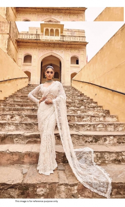Bollywood Model White net sequins embroidered wedding saree