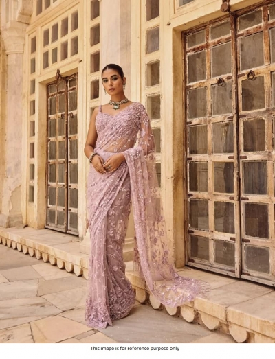 Bollywood Model Mauve net sequins embroidered wedding saree