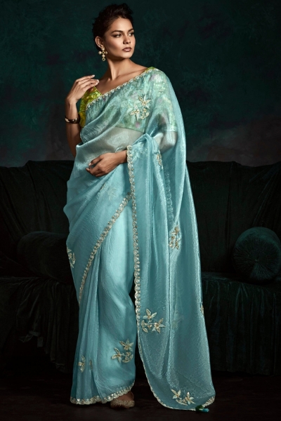 Sky blue tissue sequins embroidered wedding saree with blouse 2177