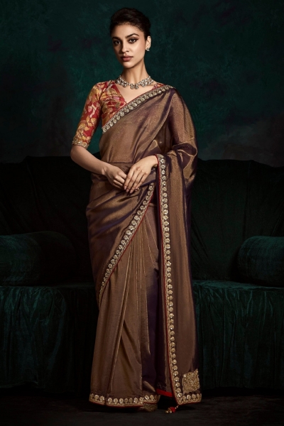Brown tissue sequins embroidered wedding saree with blouse 2178