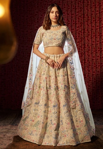 Beige georgette circular lehenga choli 96002