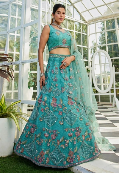 Sea green net lehenga choli 202716