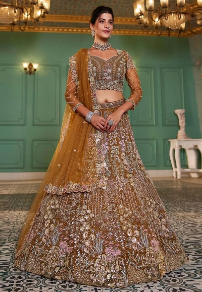 Mustard net a line lehenga choli 202741