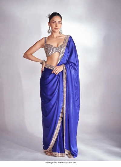 Bollywood Rakul Preet singh inspired mirror work rangoli silk blue saree