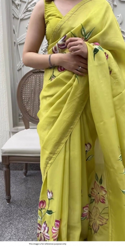 Bollywood model hand work sequins taby silk Lemon green color designer saree