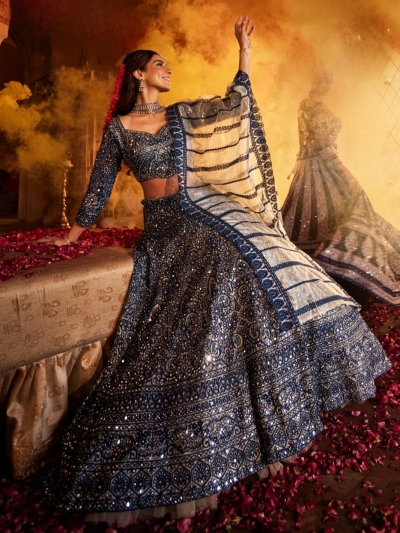 Navy blue mirror work wedding a line lehenga choli LDH002