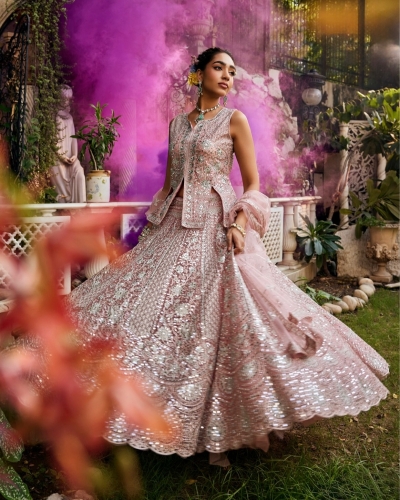 Blush pink heavy embroidery mirror work wedding a line lehenga choli LDH014