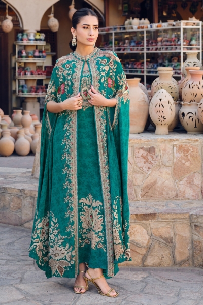 Indian wedding dress in Green gown jacket cape suit with embroidery 3120