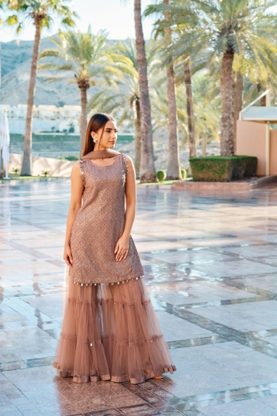 Beige palazzo suit with sequins embroidery for wedding 3127