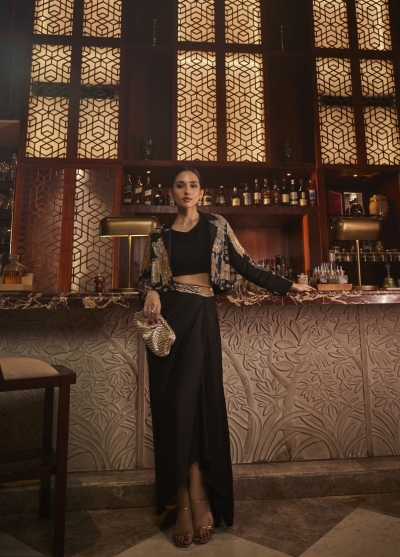 Black crop top jacket and draped skirt set with handwork embroidery for wedding 3128