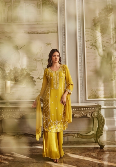 Yellow palazzo suit with hand work embroidery for wedding 3114