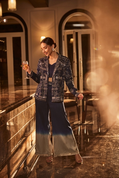 Blue crop top blazer set with palazzo in handwork embroidery for wedding 3101