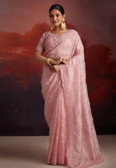 Pink organza saree with blouse 97005