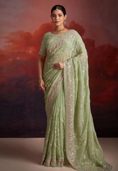 Pista green organza saree with blouse 97002