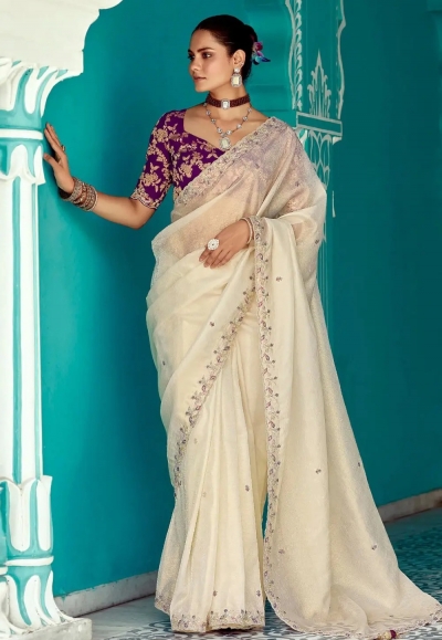 Cream organza saree with blouse 2191