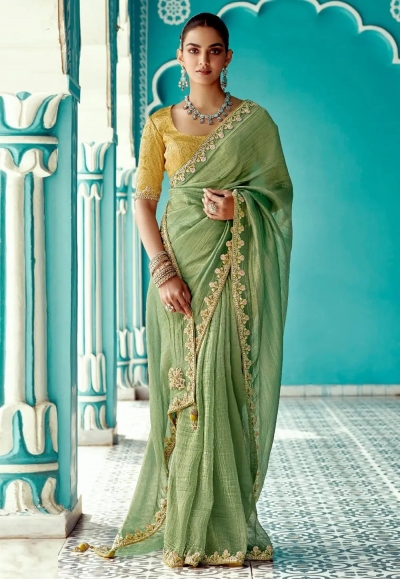 Pista green organza saree with blouse 2193
