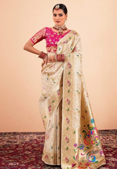 Cream silk paithani saree 191001