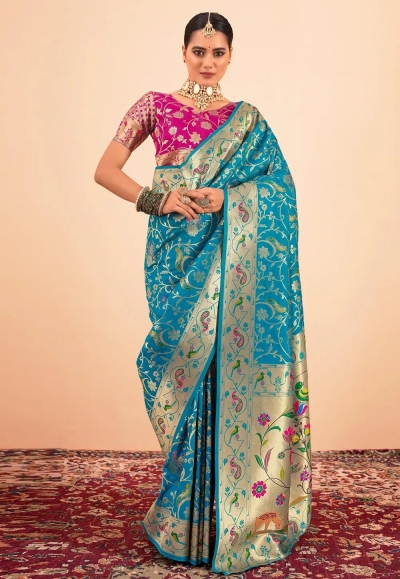 Teal silk saree with blouse 191004