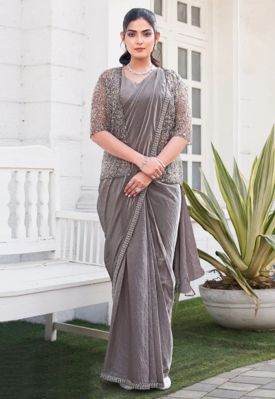 Grey satin silk designer lehenga saree 25200