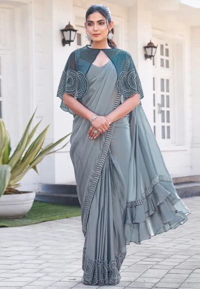 Grey satin silk saree with blouse 25203