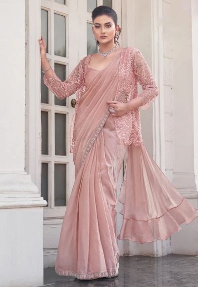 Peach satin silk designer lehenga saree 25204