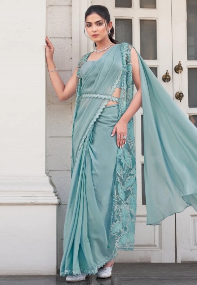 Sea green satin silk saree with blouse 25205