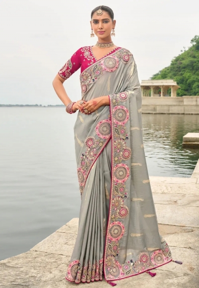 Grey silk saree with blouse 7005