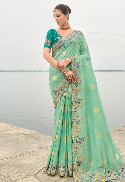 Sea green silk saree with blouse 7008