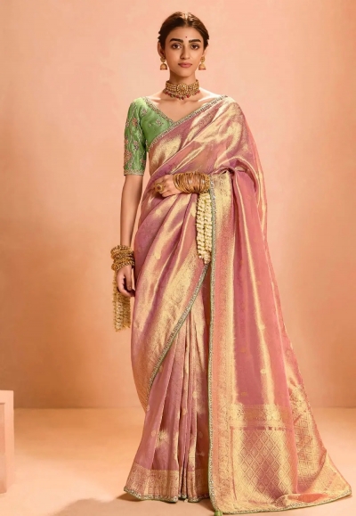 Pink tissue silk saree with blouse 407